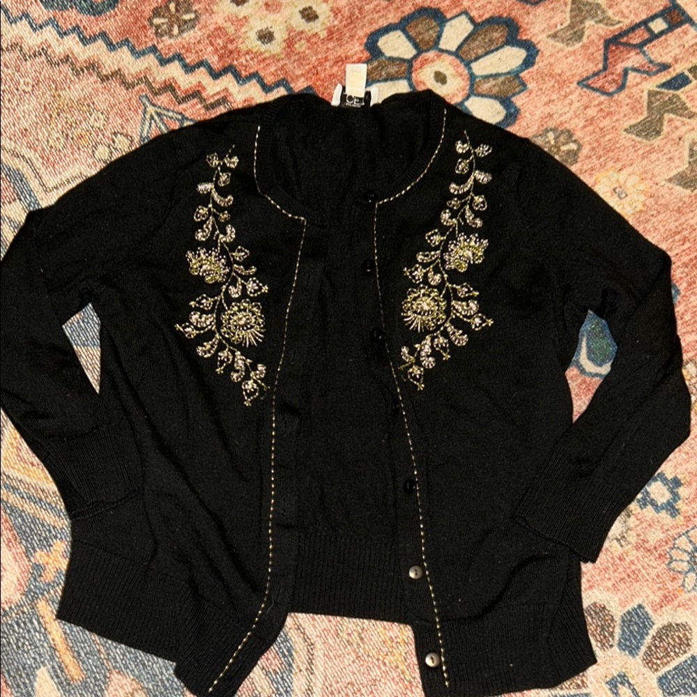 Ann Taylor Black Cardigan with Floral Embroidery
